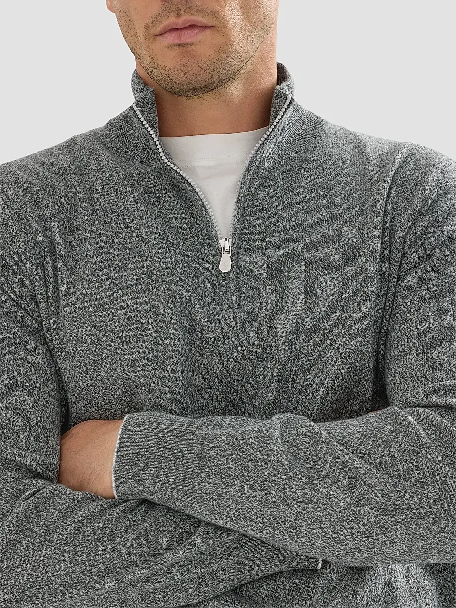 Brunello Cucinelli Men's Mouliné Cashmere Sweater with Half Zip - Dark Grey | Thumbnail 6
