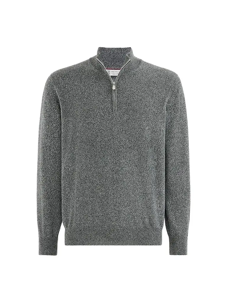Men's Mouliné Cashmere Sweater with Half Zip - Dark Grey Men's Mouliné Cashmere Sweater with Half Zip - Dark Grey