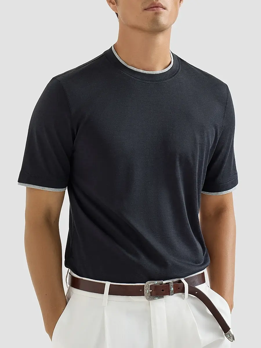Brunello Cucinelli Men's Silk and Cotton Lightweight Jersey Crew-Neck T Shirt | Thumbnail 5 Brunello Cucinelli Men's Silk and Cotton Lightweight Jersey Crew-Neck T Shirt | Thumbnail 5
