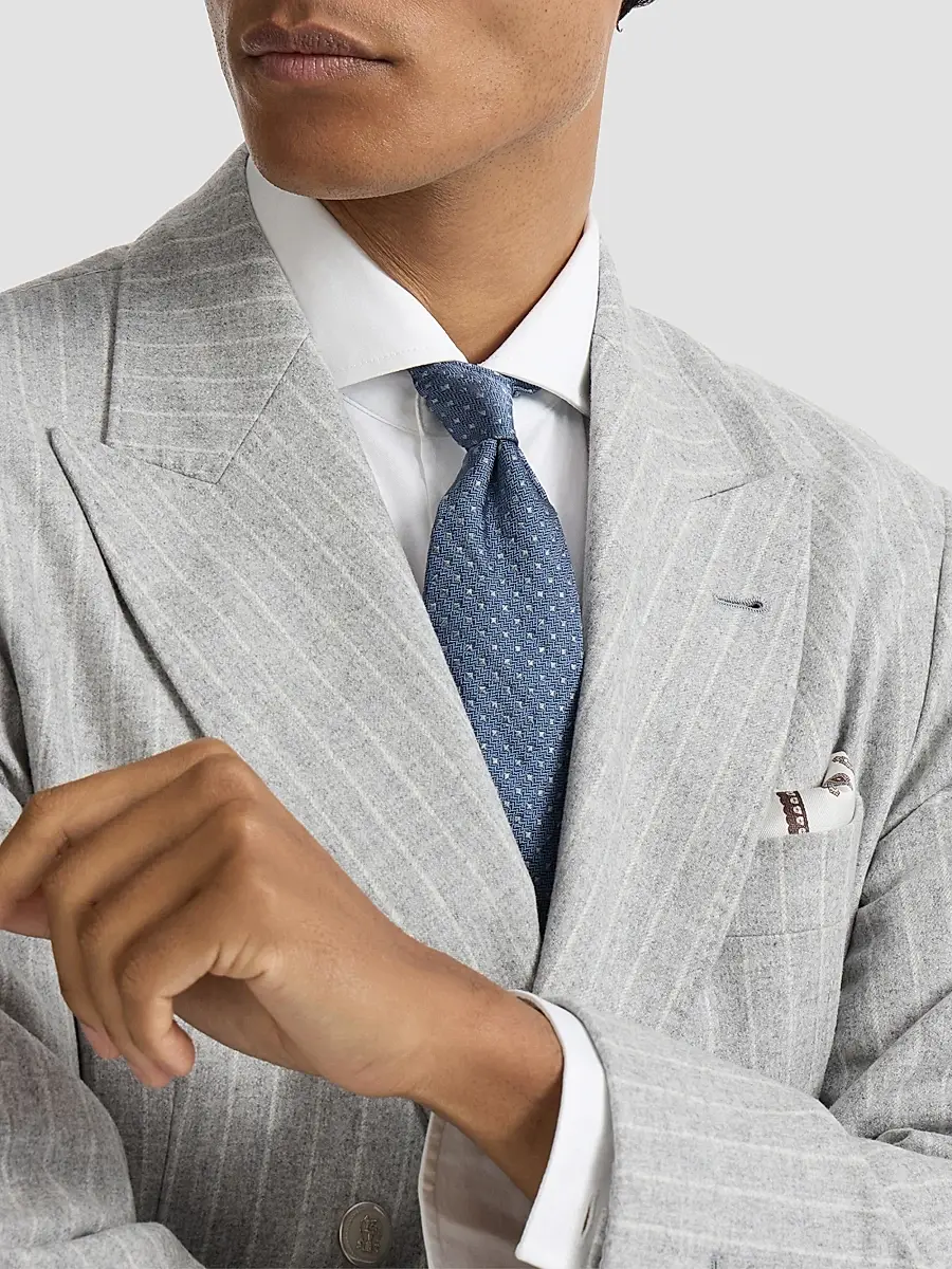 Brunello Cucinelli Men's Silk Tie with Geometric Pattern - Denim | Thumbnail 2