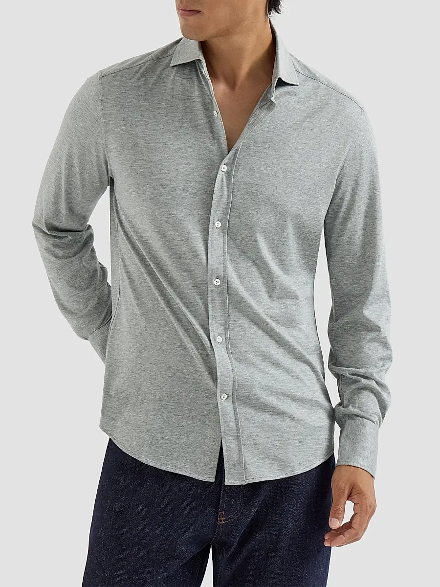 Brunello Cucinelli Men's Silk and Cotton Lightweight Jersey Shirt with Spead Collar - Grey | Thumbnail 3 Brunello Cucinelli Men's Silk and Cotton Lightweight Jersey Shirt with Spead Collar - Grey | Thumbnail 3