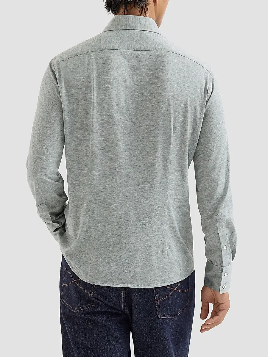 Brunello Cucinelli Men's Silk and Cotton Lightweight Jersey Shirt with Spead Collar - Grey | Thumbnail 4 Brunello Cucinelli Men's Silk and Cotton Lightweight Jersey Shirt with Spead Collar - Grey | Thumbnail 4