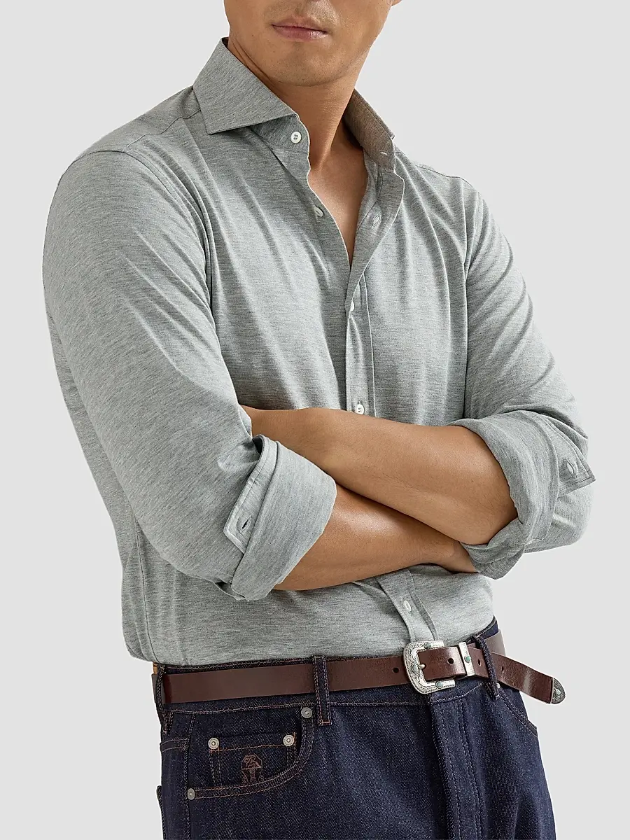 Brunello Cucinelli Men's Silk and Cotton Lightweight Jersey Shirt with Spead Collar - Grey | Thumbnail 5 Brunello Cucinelli Men's Silk and Cotton Lightweight Jersey Shirt with Spead Collar - Grey | Thumbnail 5