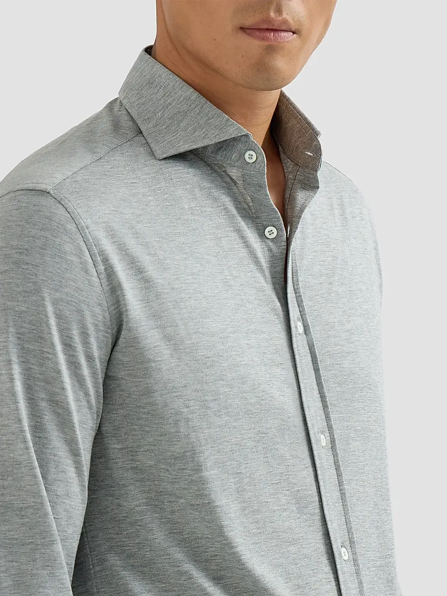 Brunello Cucinelli Men's Silk and Cotton Lightweight Jersey Shirt with Spead Collar - Grey | Thumbnail 6 Brunello Cucinelli Men's Silk and Cotton Lightweight Jersey Shirt with Spead Collar - Grey | Thumbnail 6