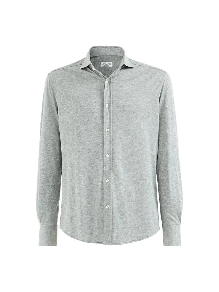 Brunello Cucinelli Men's Silk and Cotton Lightweight Jersey Shirt with Spead Collar - Grey