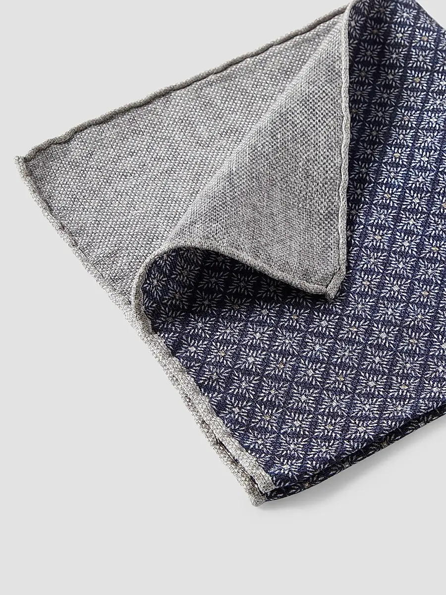 Brunello Cucinelli Men's Linen and Silk Pocket Square with Geometric Pattern - Navy Blue | Thumbnail 3 Brunello Cucinelli Men's Linen and Silk Pocket Square with Geometric Pattern - Navy Blue | Thumbnail 3