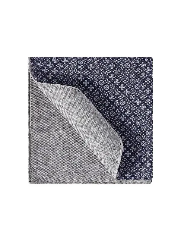 Men's Linen and Silk Pocket Square with Geometric Pattern - Navy Blue