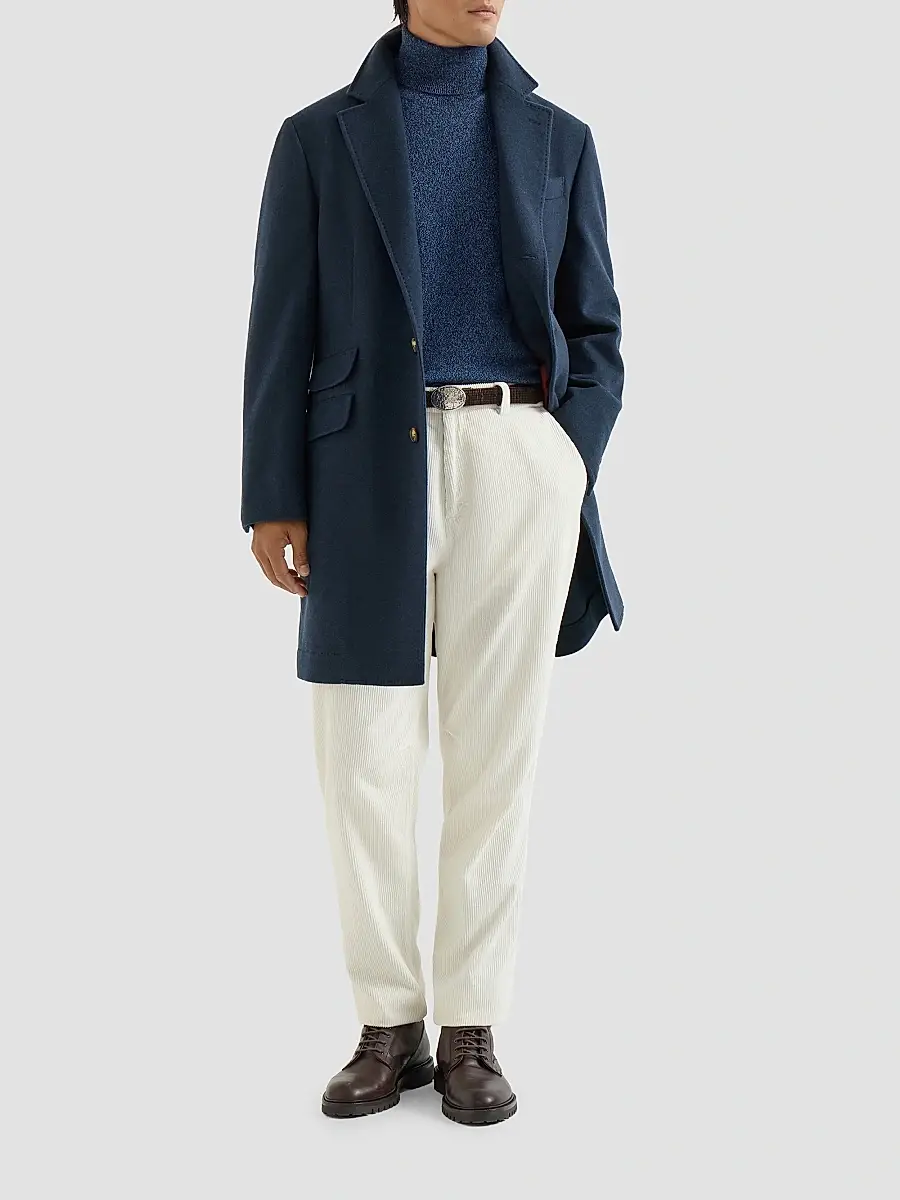 Brunello Cucinelli Men's Lightweight Water-Resistant Cashmere Coat with Double Vents - Avio Blue | Thumbnail 2 Brunello Cucinelli Men's Lightweight Water-Resistant Cashmere Coat with Double Vents - Avio Blue | Thumbnail 2