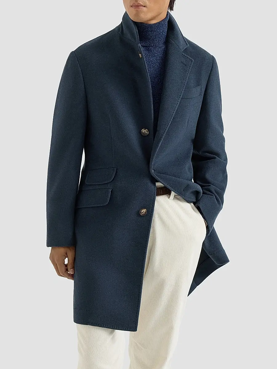 Brunello Cucinelli Men's Lightweight Water-Resistant Cashmere Coat with Double Vents - Avio Blue | Thumbnail 3 Brunello Cucinelli Men's Lightweight Water-Resistant Cashmere Coat with Double Vents - Avio Blue | Thumbnail 3