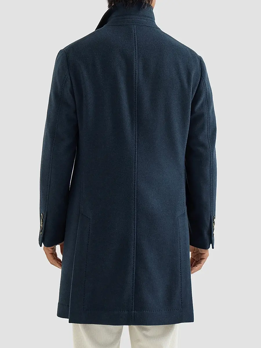 Brunello Cucinelli Men's Lightweight Water-Resistant Cashmere Coat with Double Vents - Avio Blue | Thumbnail 4 Brunello Cucinelli Men's Lightweight Water-Resistant Cashmere Coat with Double Vents - Avio Blue | Thumbnail 4