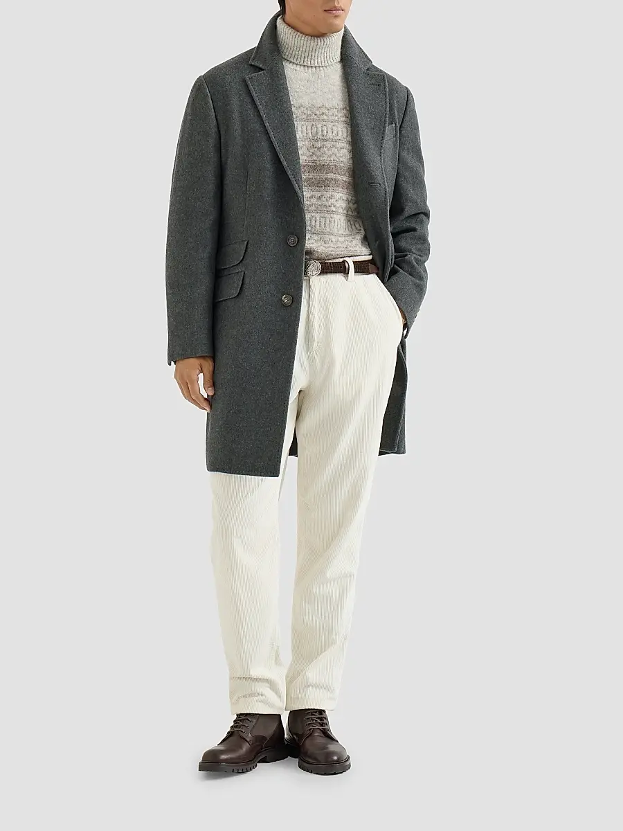 Brunello Cucinelli Men's Lightweight Water-Resistant Cashmere Coat with Double Vents - Lead | Thumbnail 2
