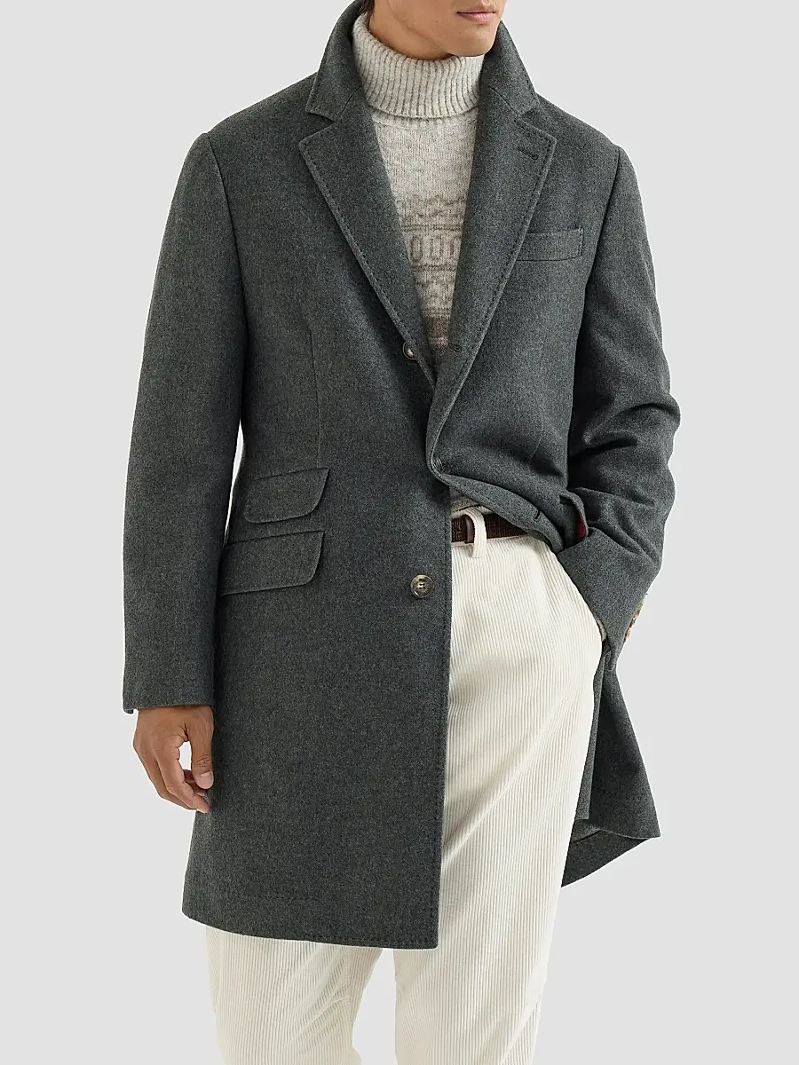 Brunello Cucinelli Men's Lightweight Water-Resistant Cashmere Coat with Double Vents - Lead | Thumbnail 3
