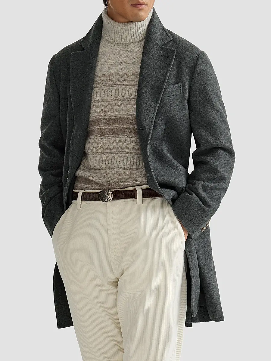 Brunello Cucinelli Men's Lightweight Water-Resistant Cashmere Coat with Double Vents - Lead | Thumbnail 5