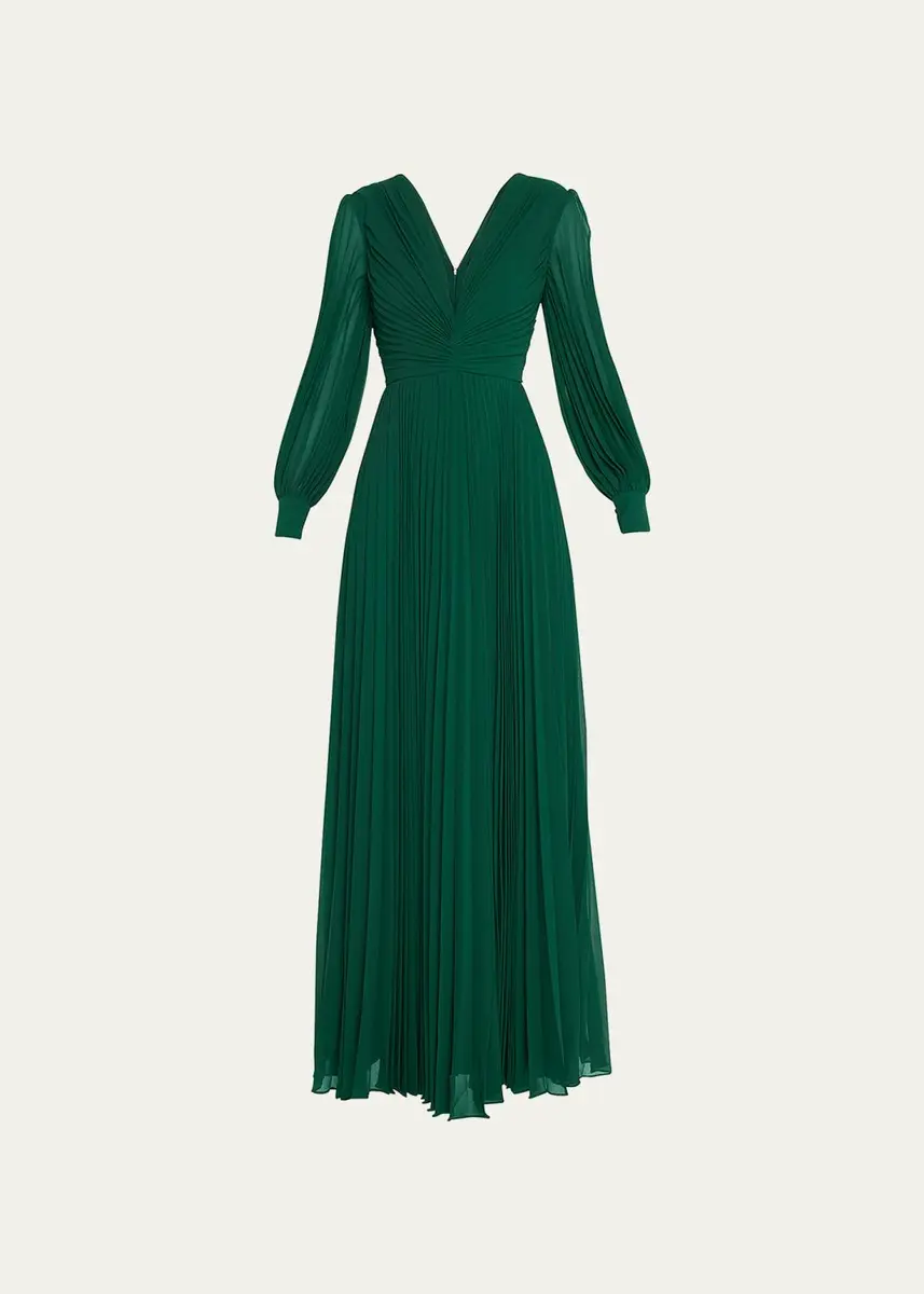 Badgley Mischka Collection Pleated Blouson-Sleeve Deep V-Neck Gown | Thumbnail 5 Badgley Mischka Collection Pleated Blouson-Sleeve Deep V-Neck Gown | Thumbnail 5
