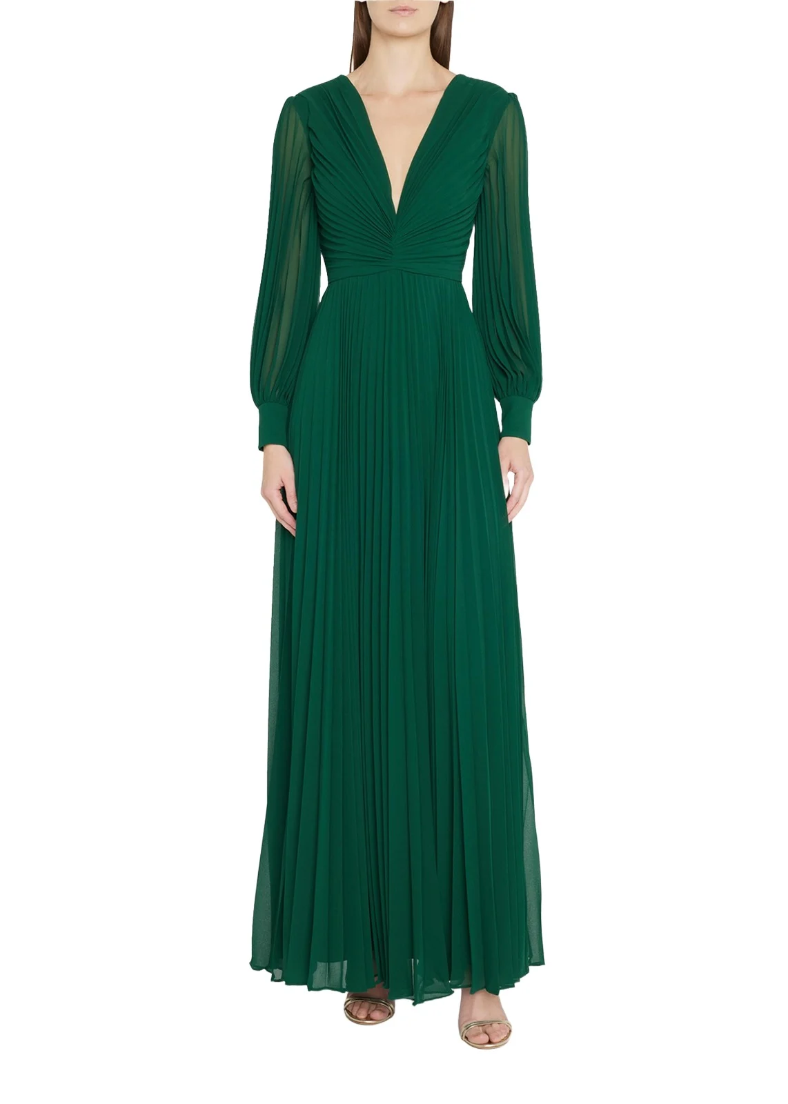 Badgley Mischka Collection Pleated Blouson-Sleeve Deep V-Neck Gown