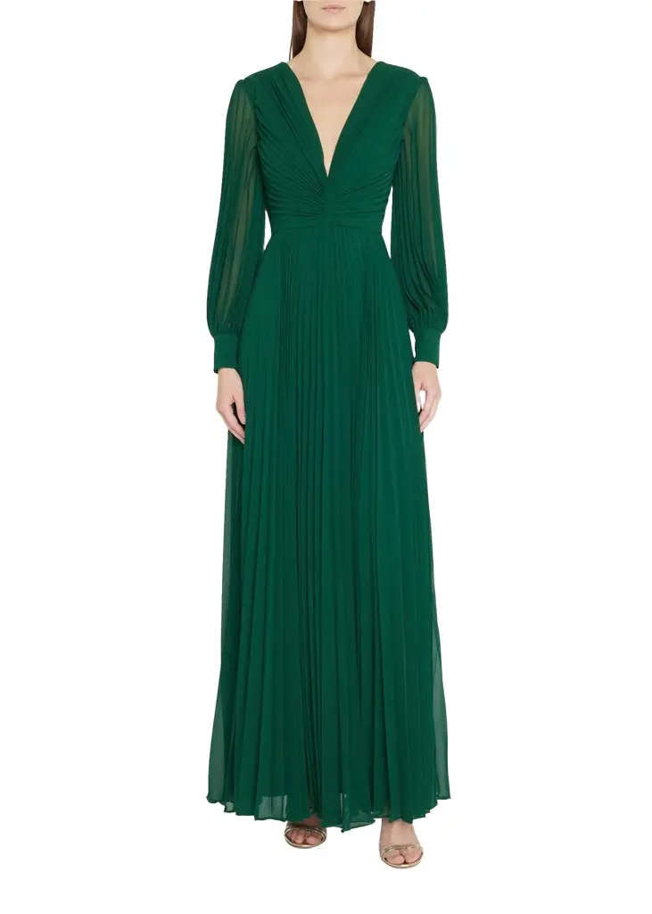 Badgley Mischka Collection Pleated Blouson-Sleeve Deep V-Neck Gown | Image 1 Badgley Mischka Collection Pleated Blouson-Sleeve Deep V-Neck Gown | Image 1