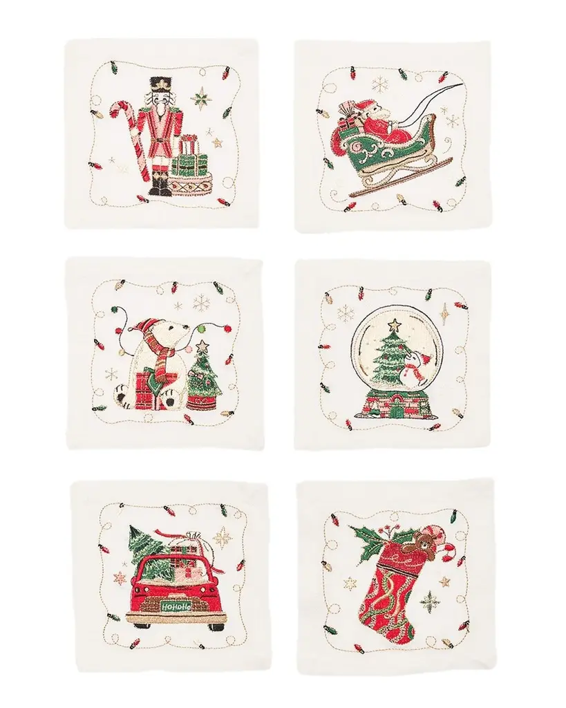 Kim Seybert Holly Jolly Embroidered Cocktail Napkins, Set of 6 | Image 1 Kim Seybert Holly Jolly Embroidered Cocktail Napkins, Set of 6 | Image 1