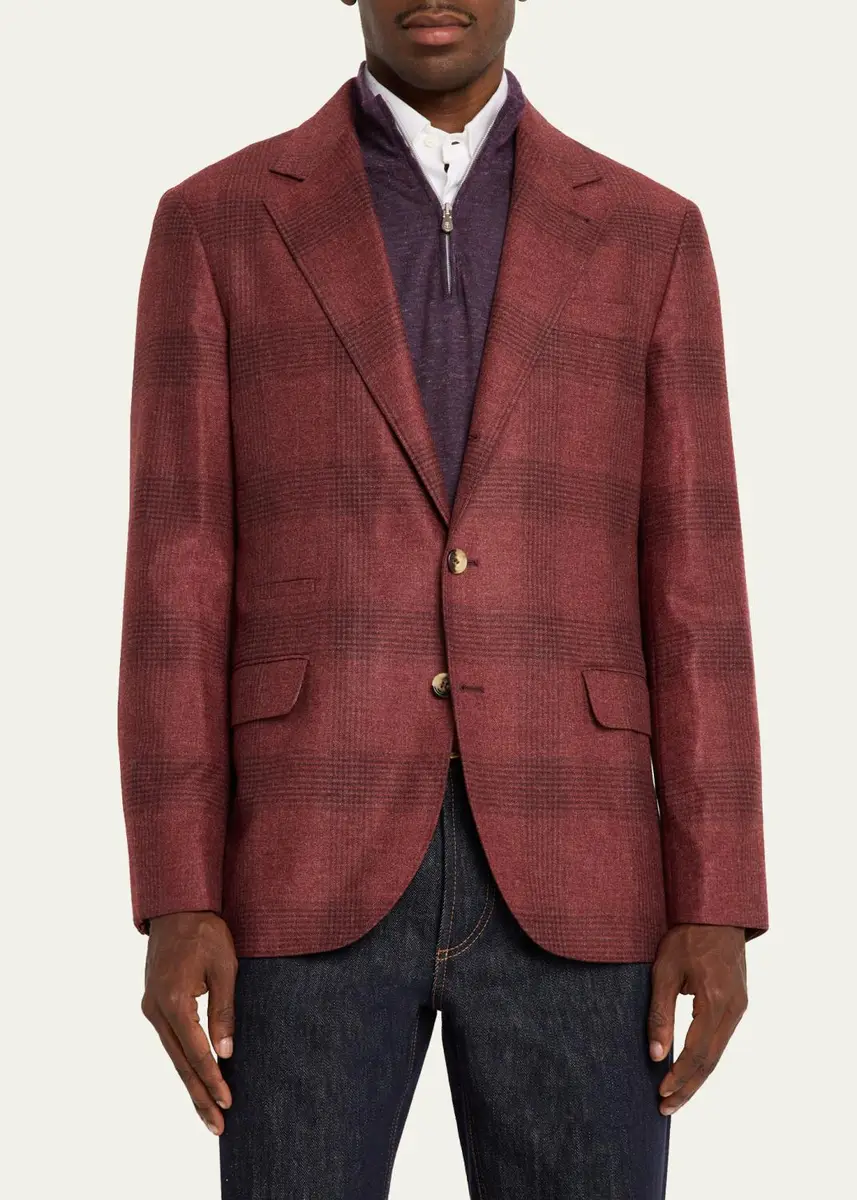 Brunello Cucinelli Men's Plaid Wool-Cashmere Single-Breasted Sport Coat | Thumbnail 4 Brunello Cucinelli Men's Plaid Wool-Cashmere Single-Breasted Sport Coat | Thumbnail 4