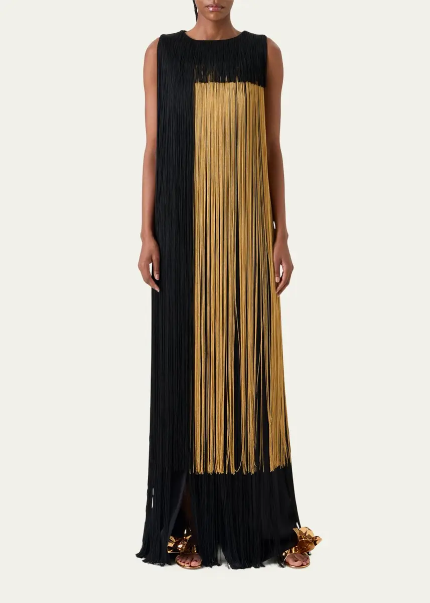 Akris Colorblock Oro Lienzo Fringe Column Gown | Thumbnail 2