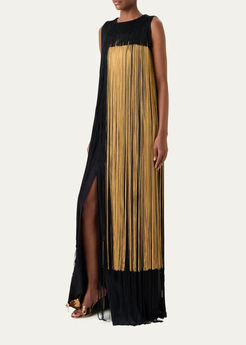 Akris Colorblock Oro Lienzo Fringe Column Gown | Thumbnail 4