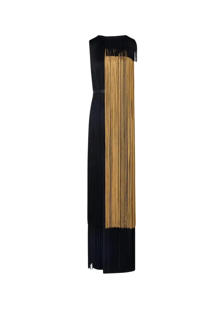 Akris Colorblock Oro Lienzo Fringe Column Gown