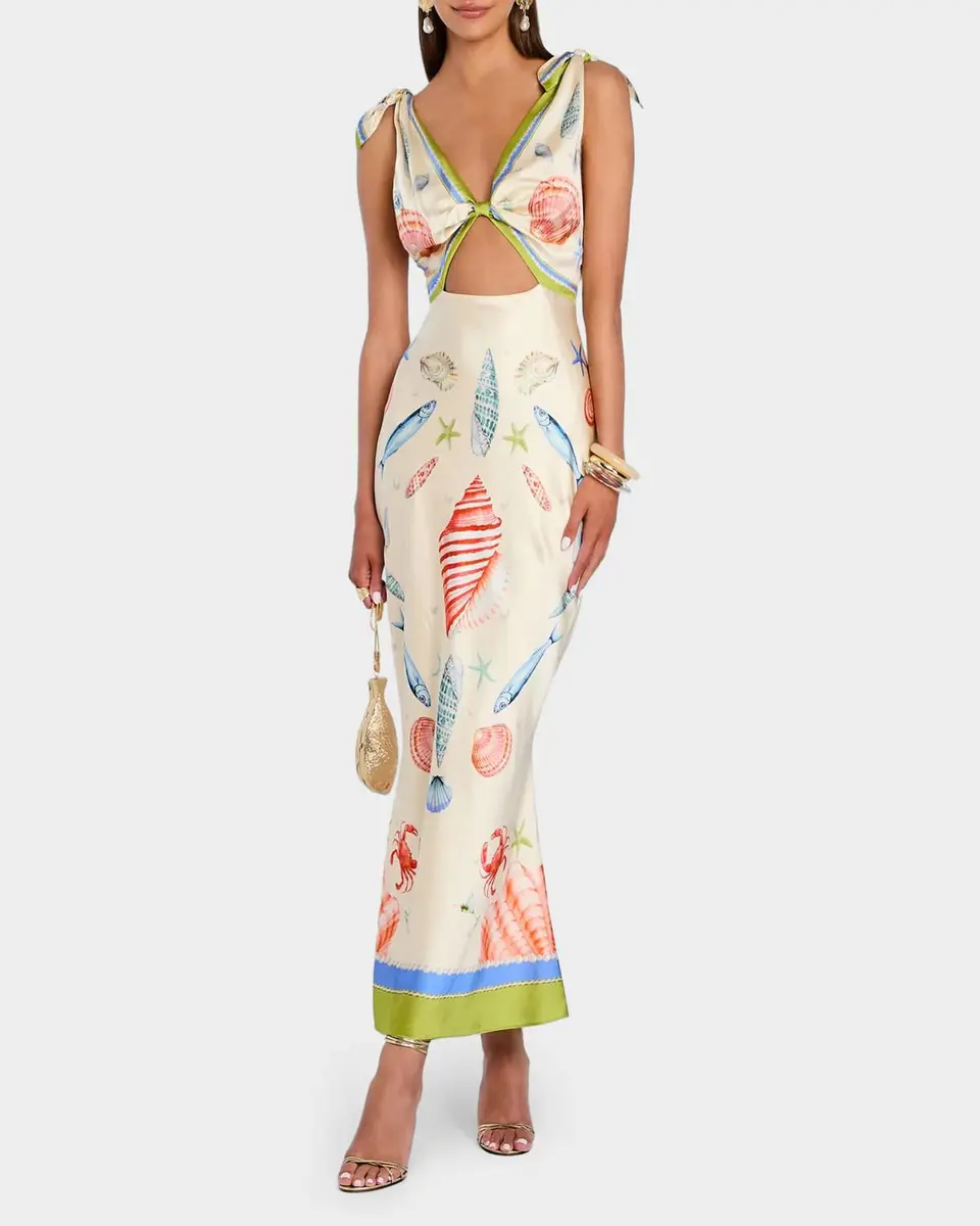 Retrofête Carlotte Seashell-Print Silk Satin Midi Dress | Thumbnail 2 Retrofête Carlotte Seashell-Print Silk Satin Midi Dress | Thumbnail 2
