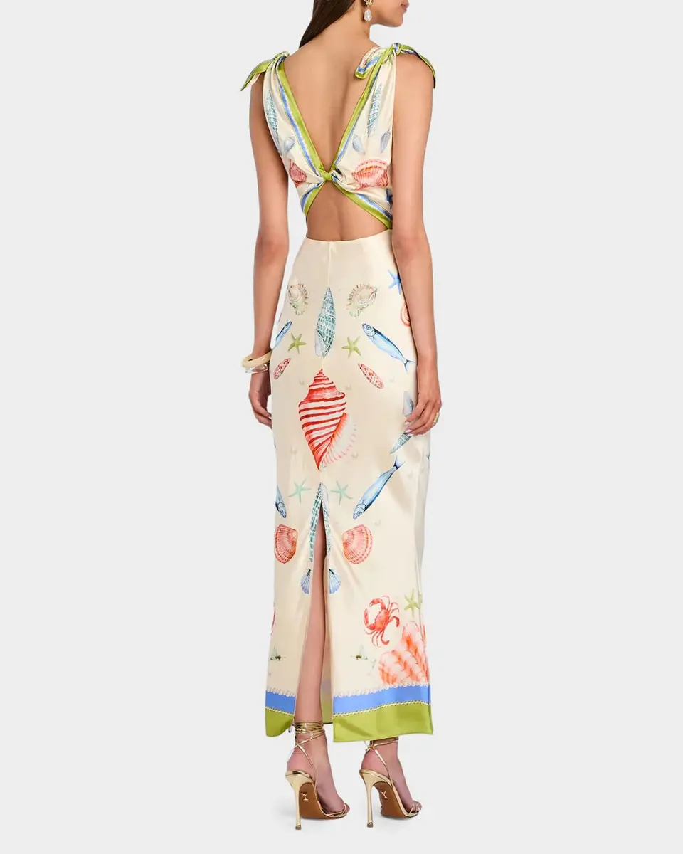 Retrofête Carlotte Seashell-Print Silk Satin Midi Dress | Thumbnail 3 Retrofête Carlotte Seashell-Print Silk Satin Midi Dress | Thumbnail 3