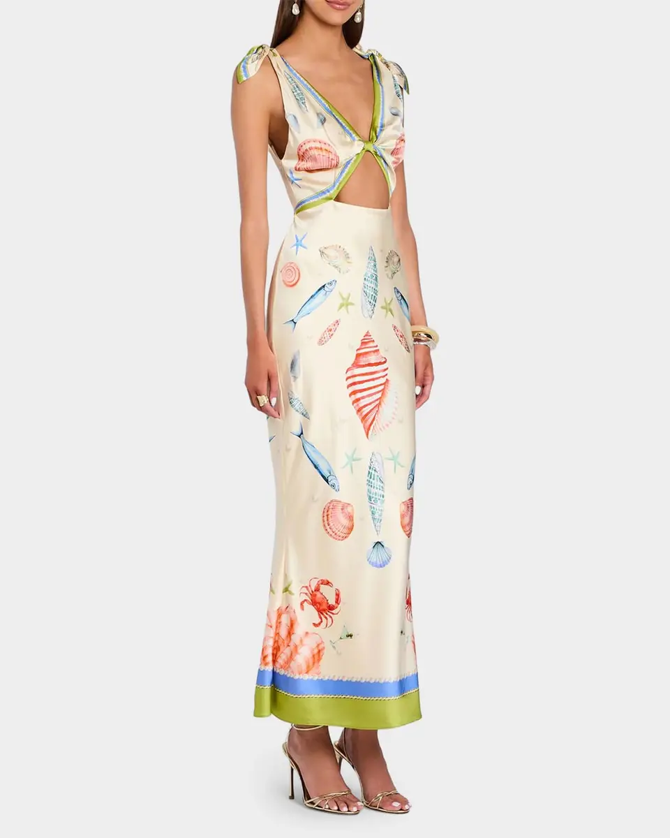 Retrofête Carlotte Seashell-Print Silk Satin Midi Dress | Thumbnail 4 Retrofête Carlotte Seashell-Print Silk Satin Midi Dress | Thumbnail 4