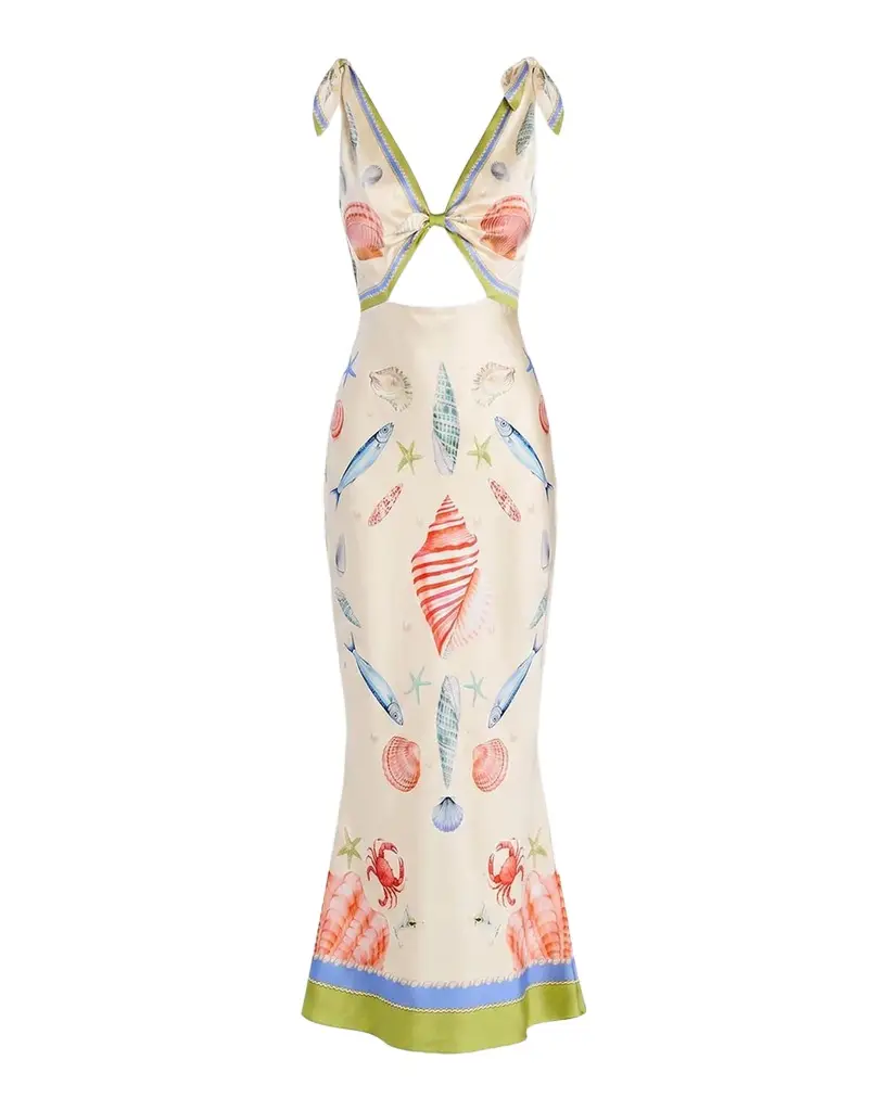 Retrofête Carlotte Seashell-Print Silk Satin Midi Dress