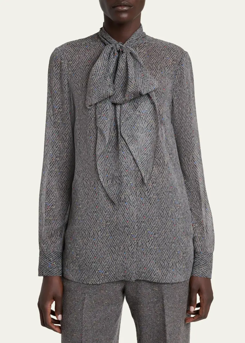 Gabriela Hearst Shildon Herringbone Silk Bow Button-Down Top | Thumbnail 4 Gabriela Hearst Shildon Herringbone Silk Bow Button-Down Top | Thumbnail 4
