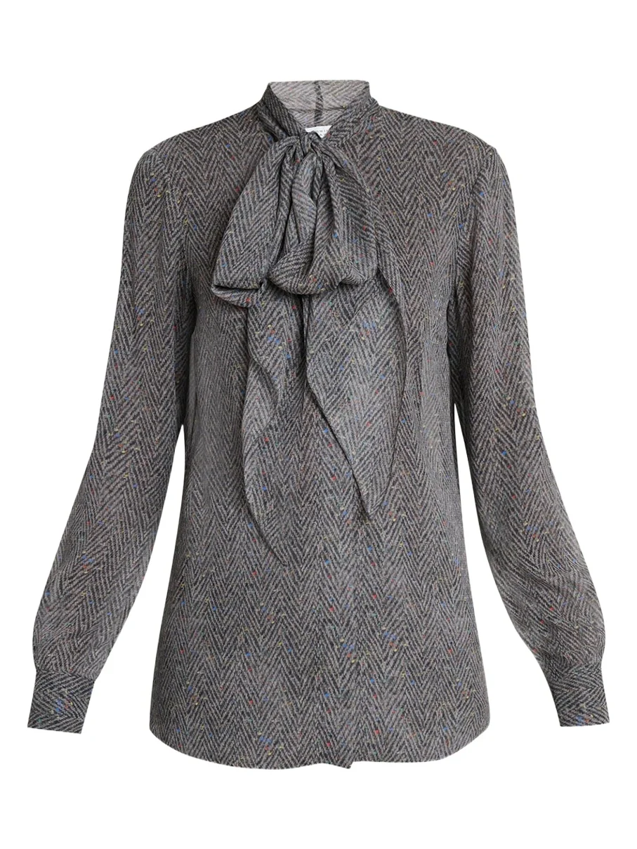 Gabriela Hearst Shildon Herringbone Silk Bow Button-Down Top