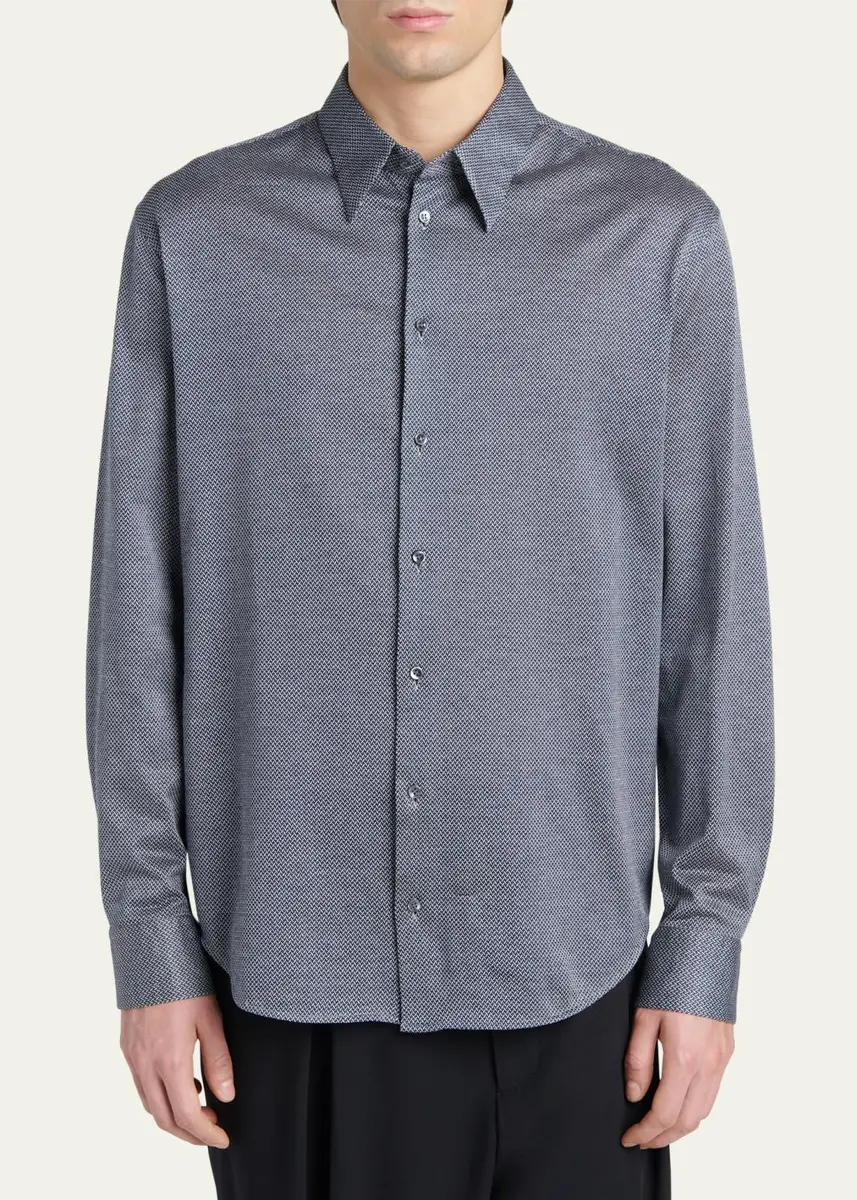 Giorgio Armani Men's Cotton Micro-Geometric Sport Shirt | Thumbnail 4