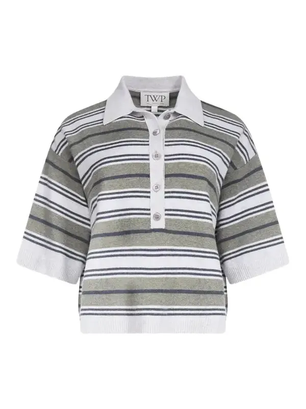 Striped Short-Sleeve Polo Sweater Striped Short-Sleeve Polo Sweater