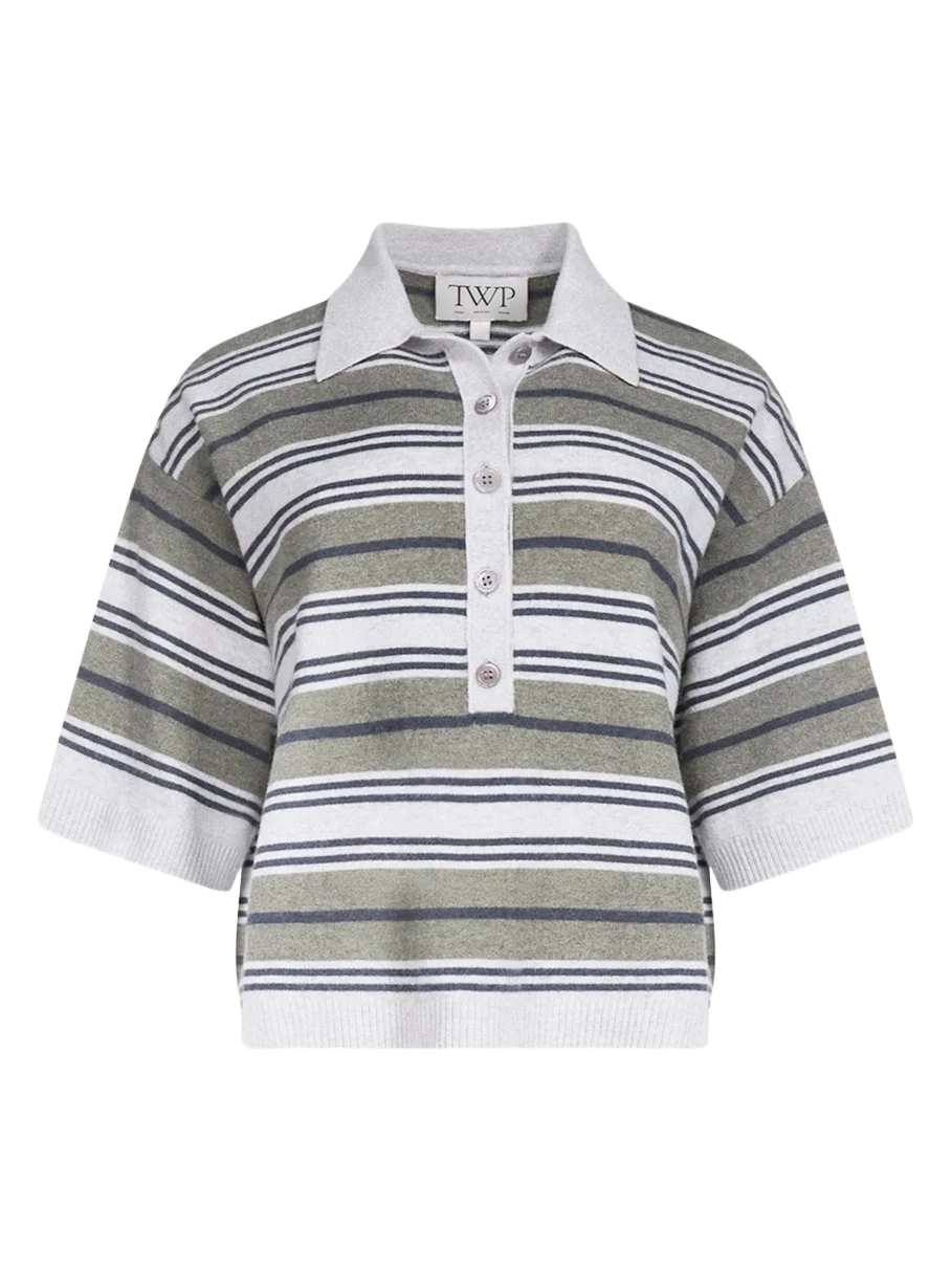 Striped Short-Sleeve Polo Sweater Striped Short-Sleeve Polo Sweater