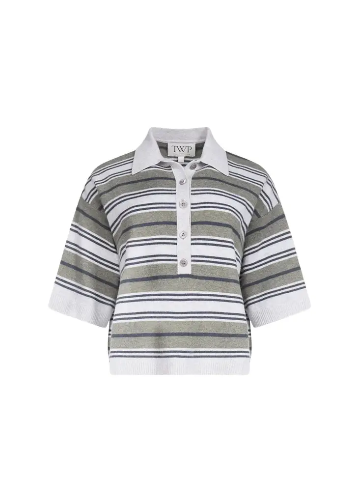 TWP Striped Short-Sleeve Polo Sweater | Image 1 TWP Striped Short-Sleeve Polo Sweater | Image 1