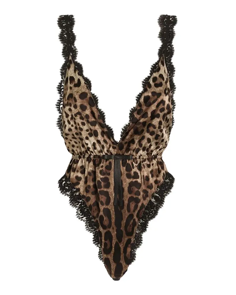 Dolce & Gabbana Lace-Trim Leopard Satin Bodysuit | Image 1 Dolce & Gabbana Lace-Trim Leopard Satin Bodysuit | Image 1