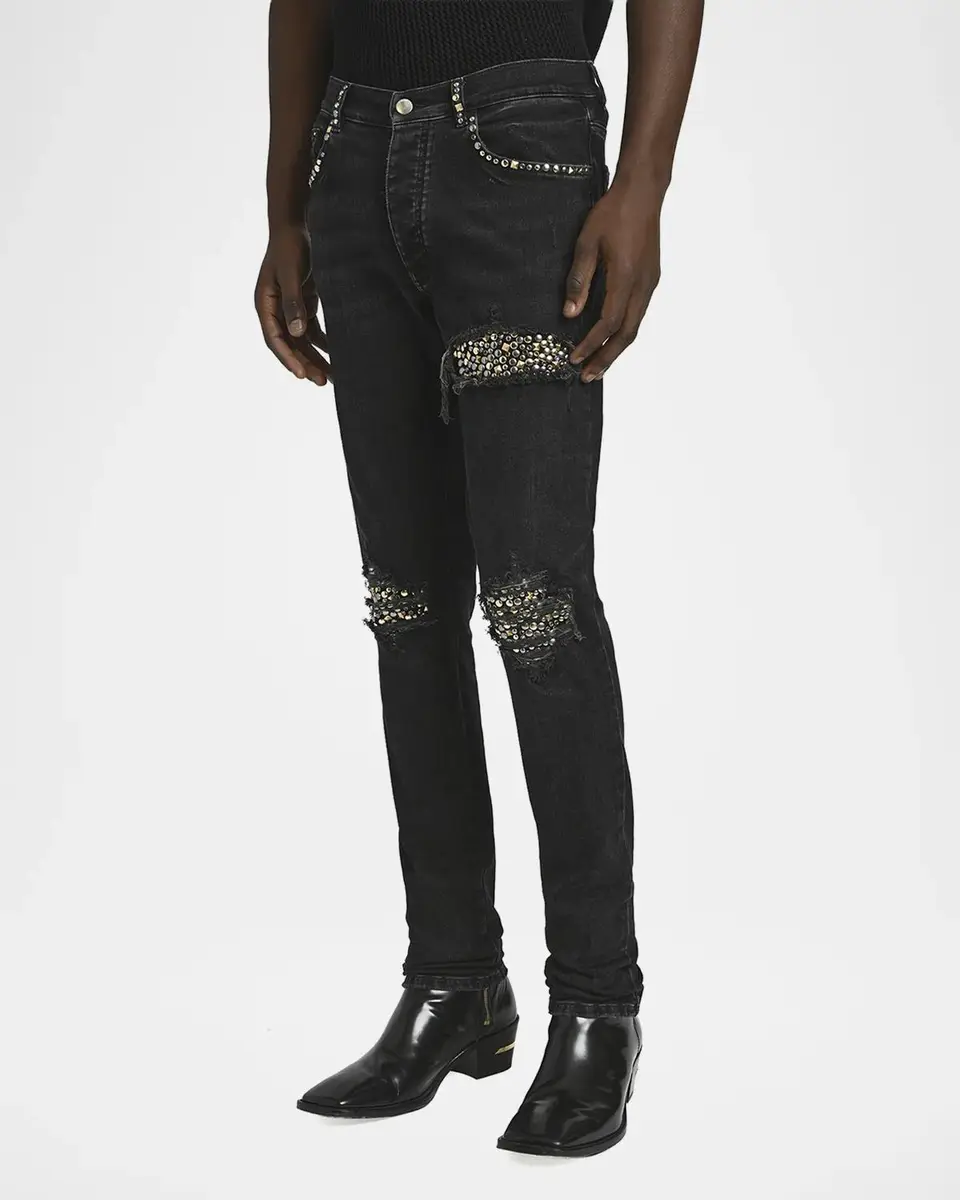 AMIRI Men's Studded Rip and Repair Black Denim Skinny Jeans | Thumbnail 4 AMIRI Men's Studded Rip and Repair Black Denim Skinny Jeans | Thumbnail 4