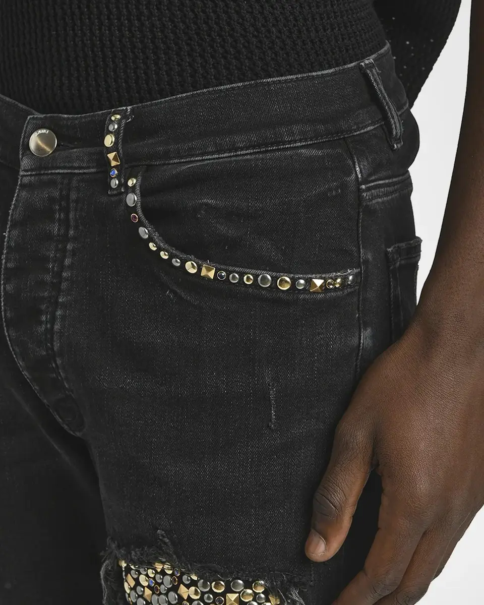 AMIRI Men's Studded Rip and Repair Black Denim Skinny Jeans | Thumbnail 5 AMIRI Men's Studded Rip and Repair Black Denim Skinny Jeans | Thumbnail 5