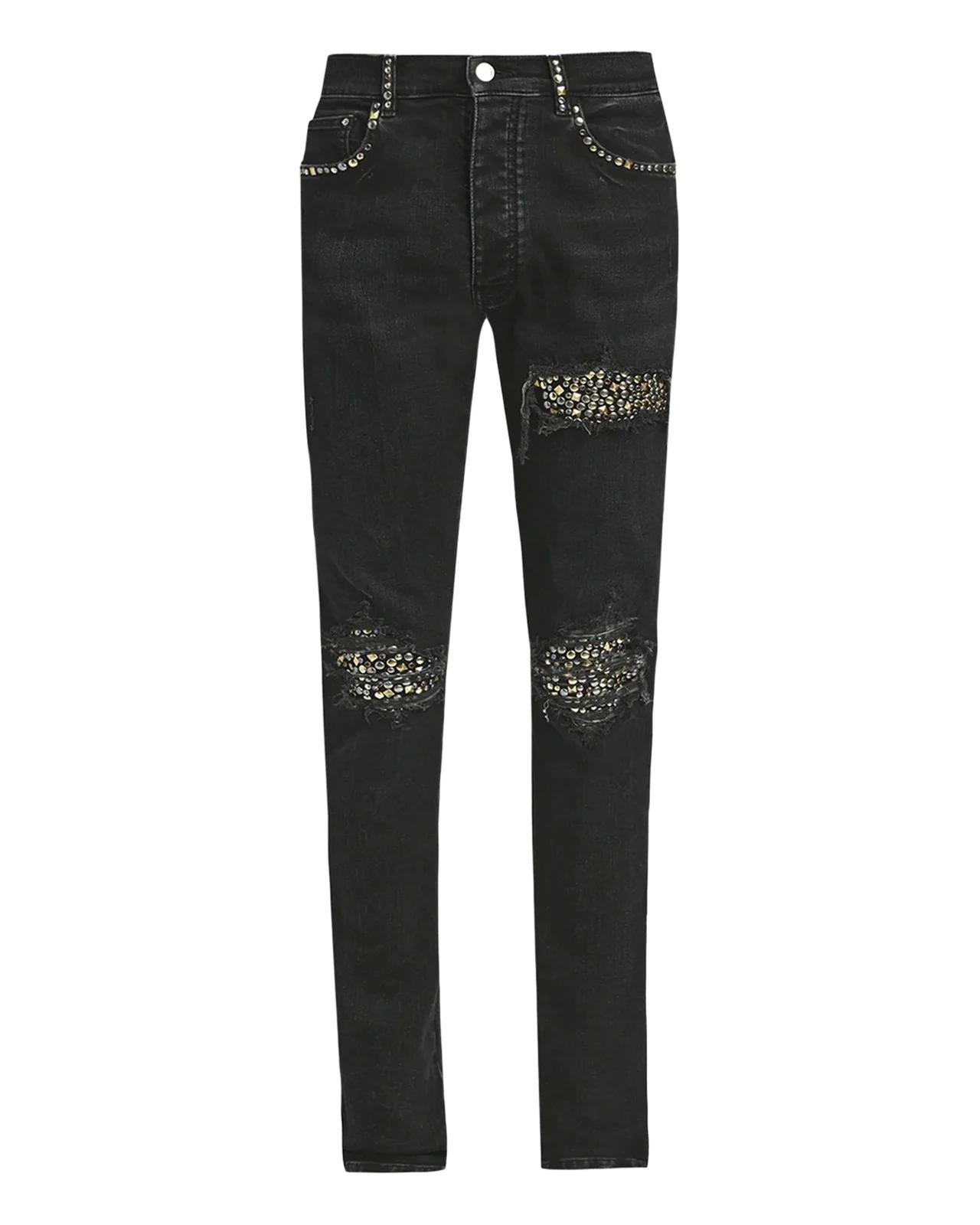 Men's Studded Rip and Repair Black Denim Skinny Jeans