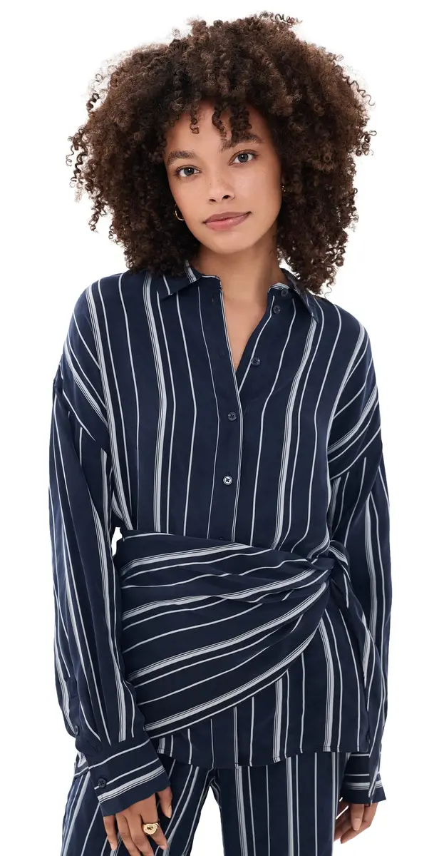 Favorite Daughter The Positano Button Down Shirt Midnight Grey Stripe | Image 1 Favorite Daughter The Positano Button Down Shirt Midnight Grey Stripe | Image 1