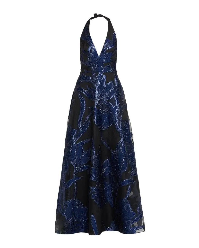 Aidan Mattox Plunging Metallic Organza Jacquard Gown | Image 1 Aidan Mattox Plunging Metallic Organza Jacquard Gown | Image 1