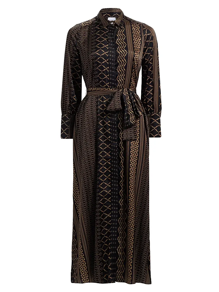 Misa Los Angeles Women's Herminia Geometric Tie-Waist Midi-Shirtdress - Noir Geometry - Size XL | Image 1 Misa Los Angeles Women's Herminia Geometric Tie-Waist Midi-Shirtdress - Noir Geometry - Size XL | Image 1