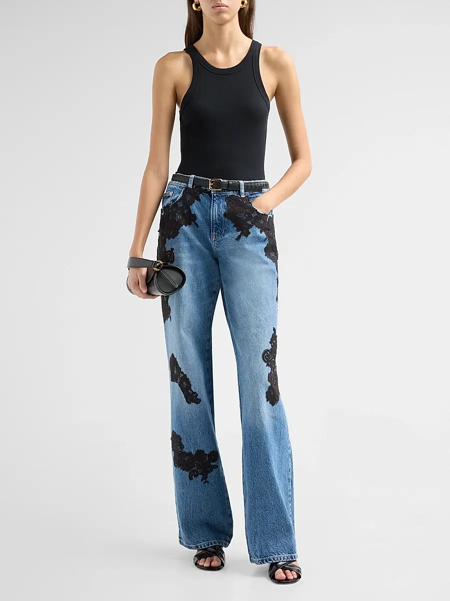 LoveShackFancy Women's Bambie Lace Appliqué Straight Jeans | Thumbnail 2 LoveShackFancy Women's Bambie Lace Appliqué Straight Jeans | Thumbnail 2