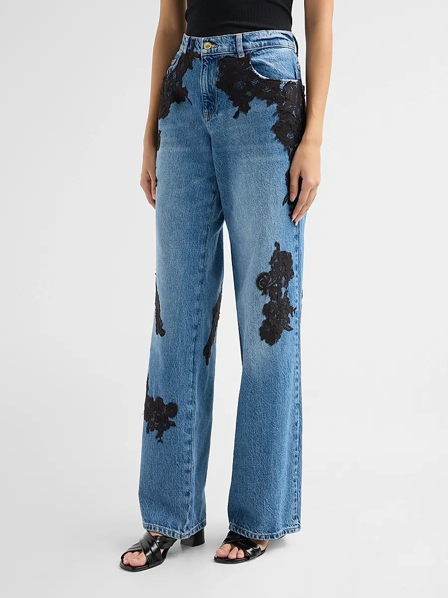 LoveShackFancy Women's Bambie Lace Appliqué Straight Jeans | Thumbnail 4 LoveShackFancy Women's Bambie Lace Appliqué Straight Jeans | Thumbnail 4