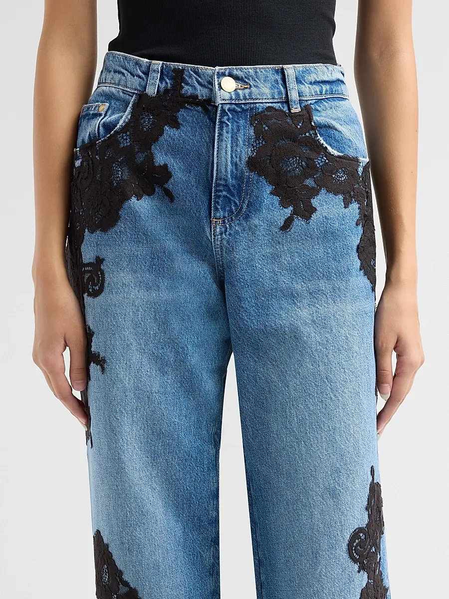 LoveShackFancy Women's Bambie Lace Appliqué Straight Jeans | Thumbnail 5 LoveShackFancy Women's Bambie Lace Appliqué Straight Jeans | Thumbnail 5