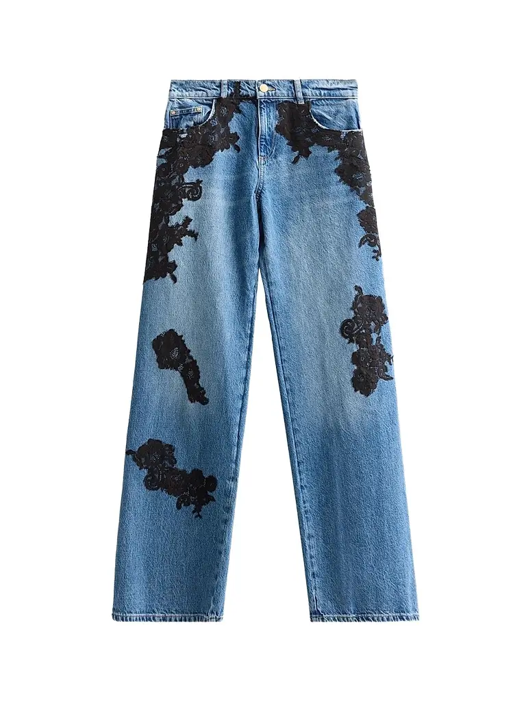 LoveShackFancy Women's Bambie Lace Appliqué Straight Jeans - Heirloom Indigo | Image 1 LoveShackFancy Women's Bambie Lace Appliqué Straight Jeans - Heirloom Indigo | Image 1