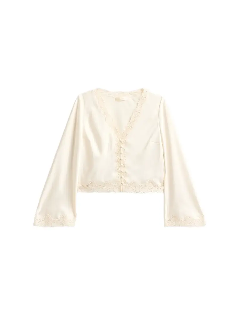 LoveShackFancy Women's Fioretta Lace-Trim Satin Top - Alabaster Glow | Image 1 LoveShackFancy Women's Fioretta Lace-Trim Satin Top - Alabaster Glow | Image 1