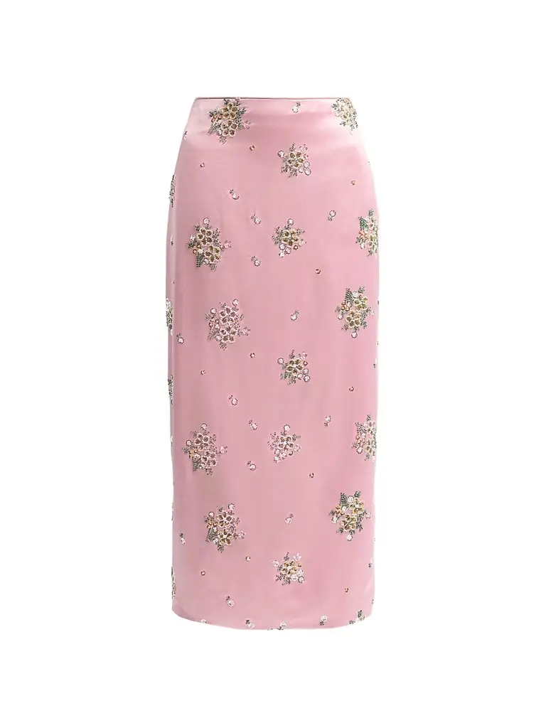 Milly Women's Raylen Floral Sequin-Embellished Satin Midi Skirt - Light Pink | Image 1 Milly Women's Raylen Floral Sequin-Embellished Satin Midi Skirt - Light Pink | Image 1