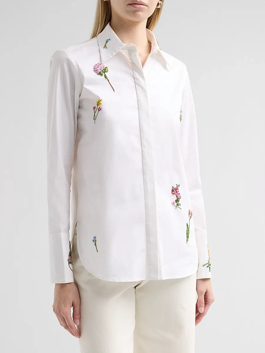 Oscar de la Renta Women's Botanical Embroidered Stretch Cotton Twill Blouse | Thumbnail 4 Oscar de la Renta Women's Botanical Embroidered Stretch Cotton Twill Blouse | Thumbnail 4