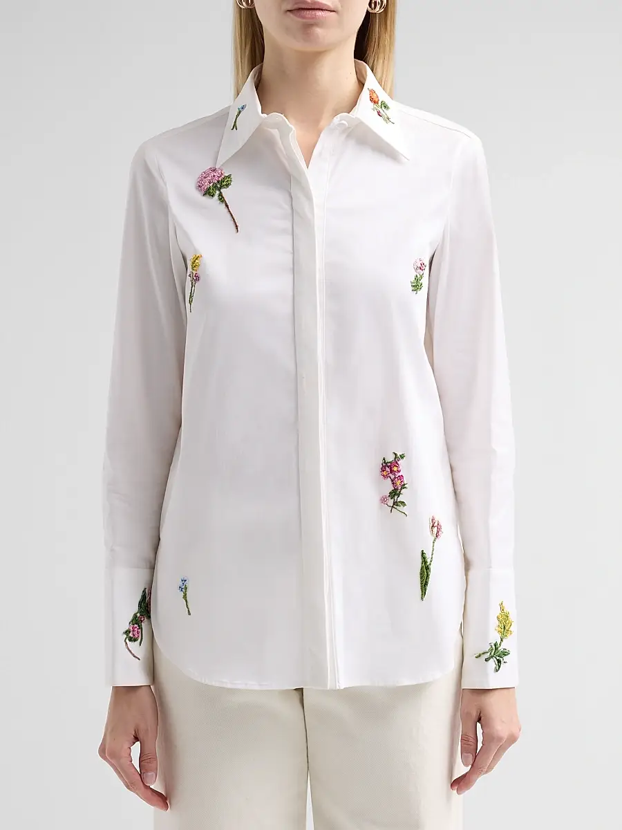 Oscar de la Renta Women's Botanical Embroidered Stretch Cotton Twill Blouse | Thumbnail 5 Oscar de la Renta Women's Botanical Embroidered Stretch Cotton Twill Blouse | Thumbnail 5